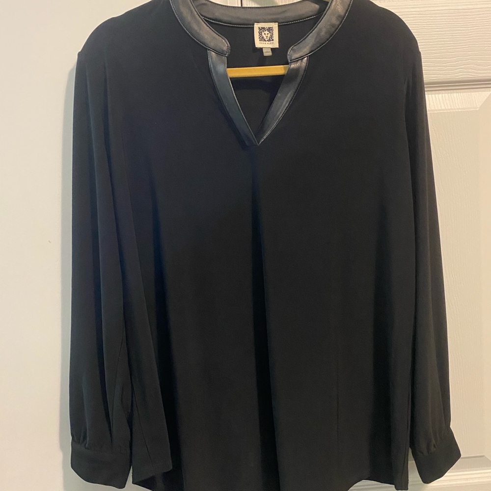 Anne Klein Black Blouse with Leather Trim
